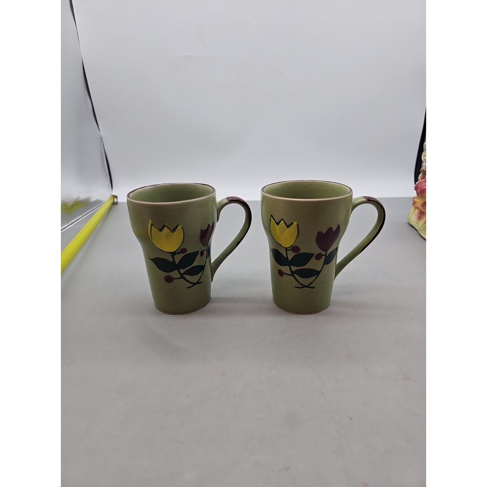 VTG Otagiri  Stoneware Mugs Hand Painted Purple Yellow Blue Tulips 1027 Lot Of 2